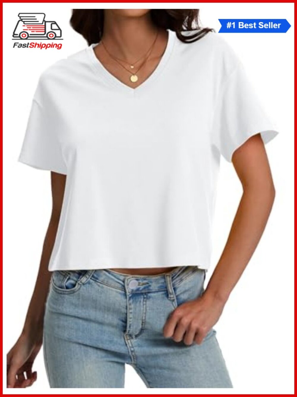 ✨ SMENG Cotton Blend Cropped V-Neck Short Sleeve T-Shirt UPF 50+